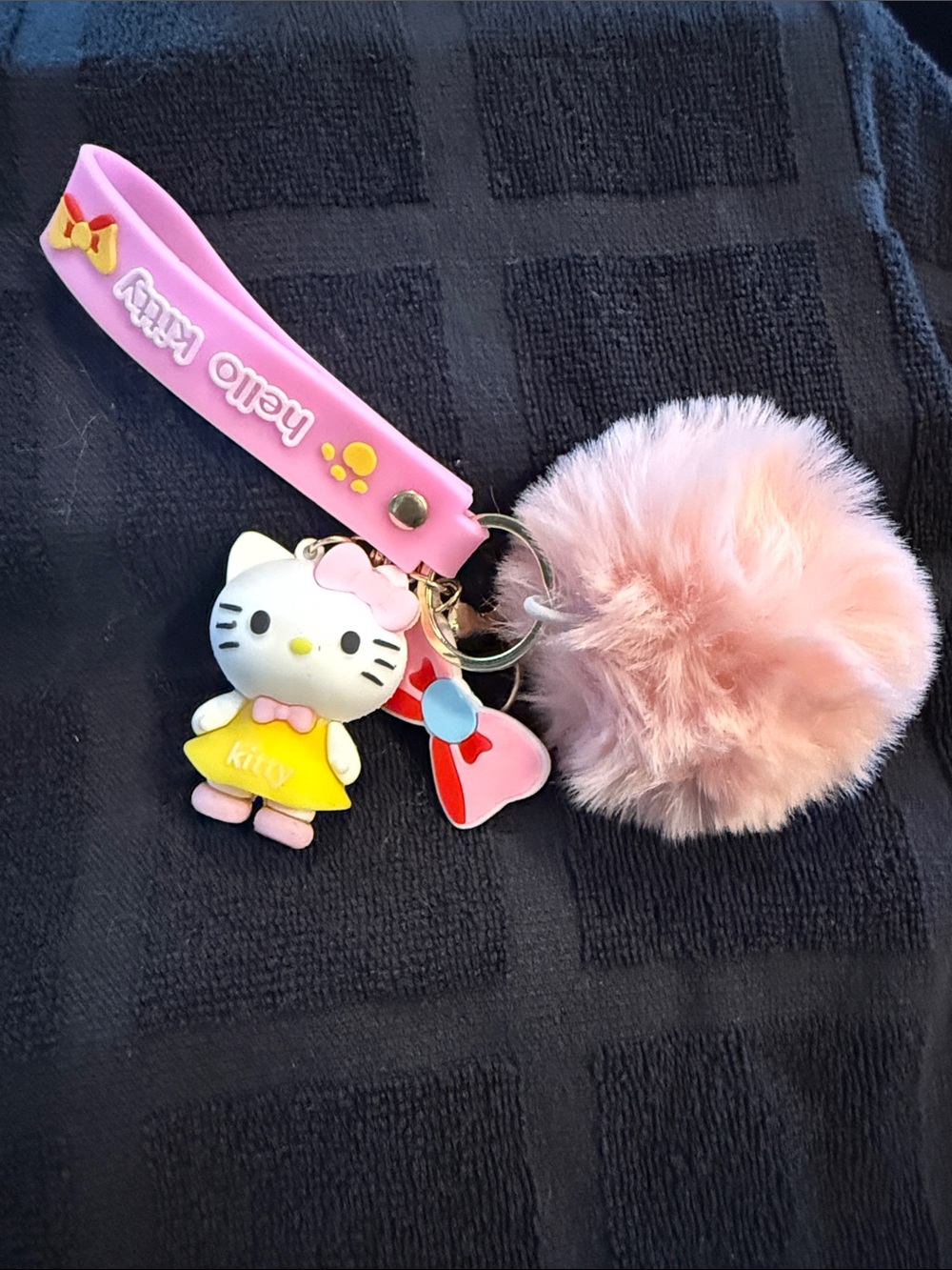Hello Kitty Pink Pom Pom Keychain with Yellow Kitty Charm and Bow